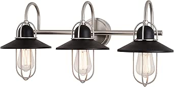 VAXCEL Galena 3-Light 25.25 inch Wide Matte Black and Satin Nickel Coastal Bathroom Vanity Lighting Fixture, Metal Cage Shade, Dimmable, LED Compatible, Over The Mirror Mounted Steel Wall Sconce