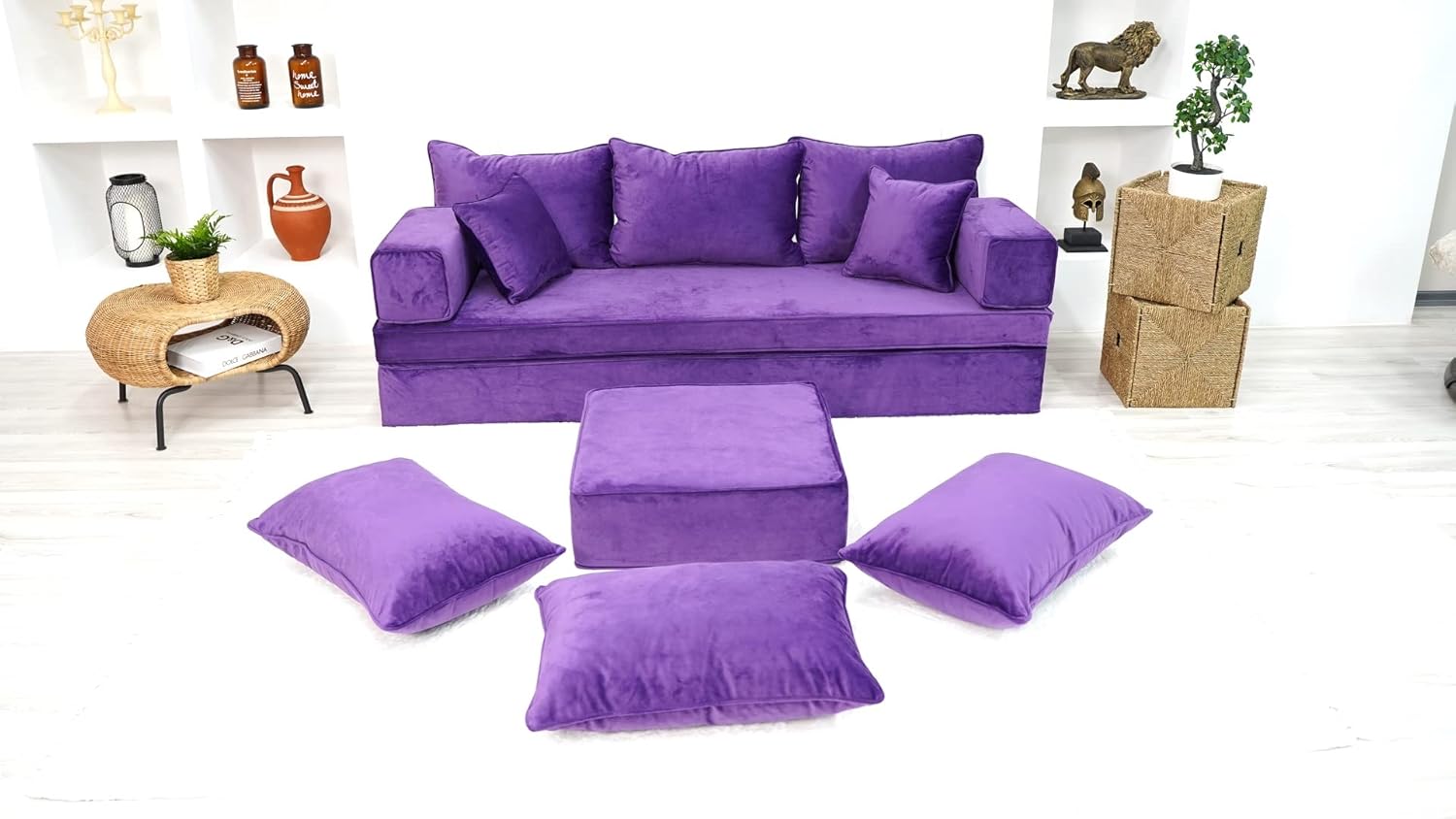 Velvet Purple Sectional Sofa, Floor Sofas, Japanese Sofa, Meditation