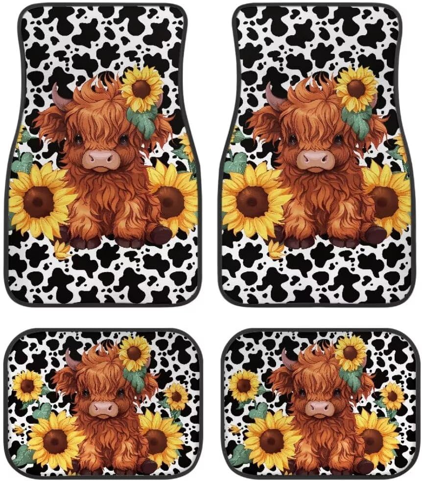 All Weather Car Floor Mats Universal Fit Automotive SUV,Sedan,Van Car Interior Accessories 4-Piece Car Protector Mat Highland Cow Sunflowers Print