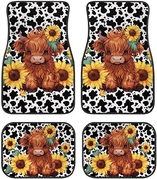All Weather Car Floor Mats Universal Fit Automotive SUV,Sedan,Van Car Interior Accessories 4-Piece Car Protector Mat Highland Cow Sunflowers Print