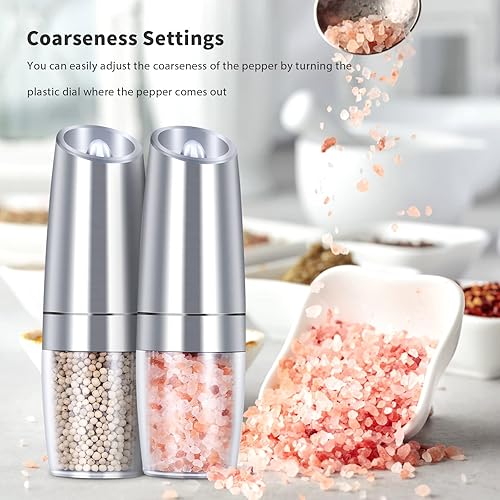 Miniatura 4 de EasyCom Gravity - Molinillo de sal y pimienta, funciona con pilas con luz LED, grosor ajustable, molinillo de pimienta automático con una mano para