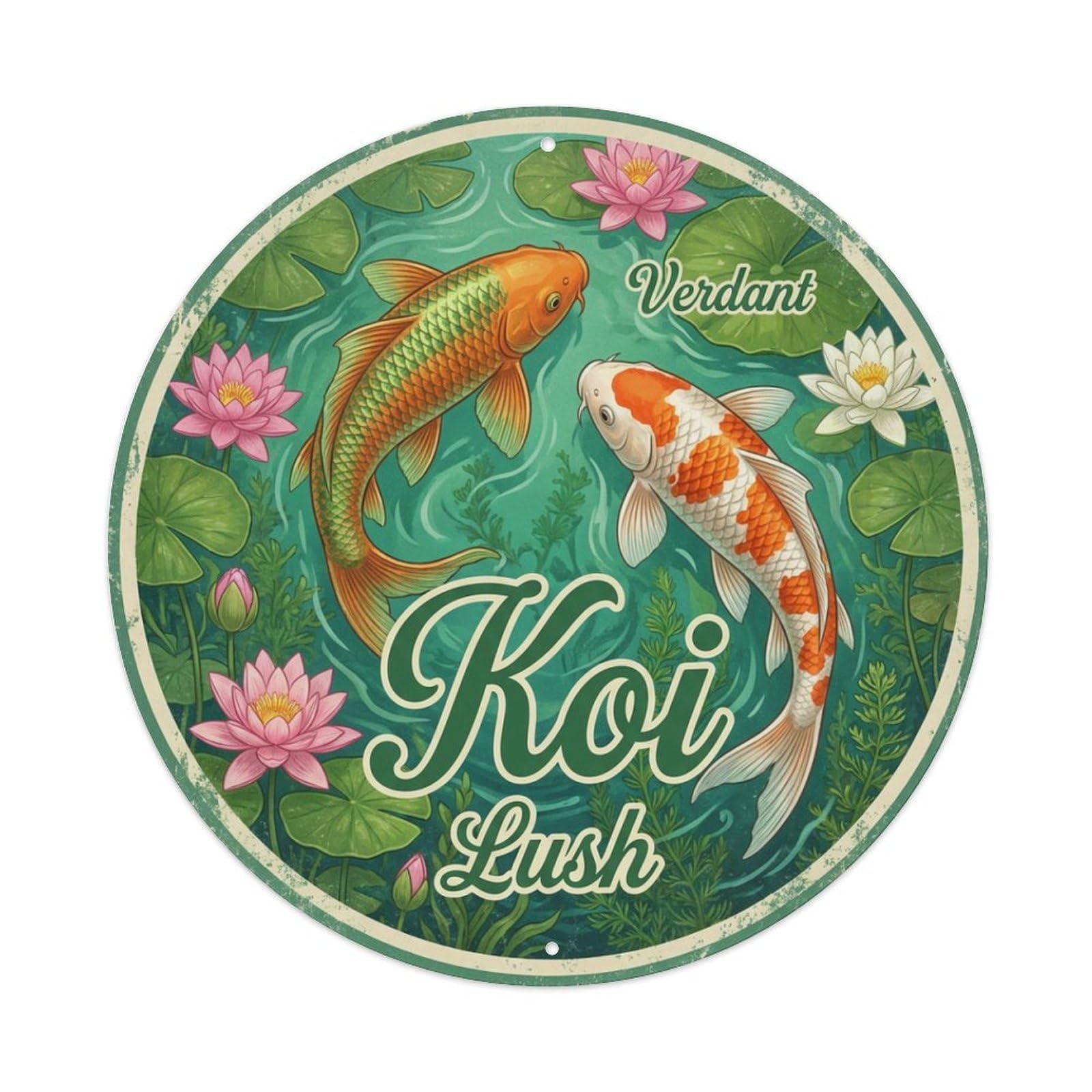 Koi Fish Verdant Lush Green Waters Fresh Vibrant Fertile Metal Tin Sign