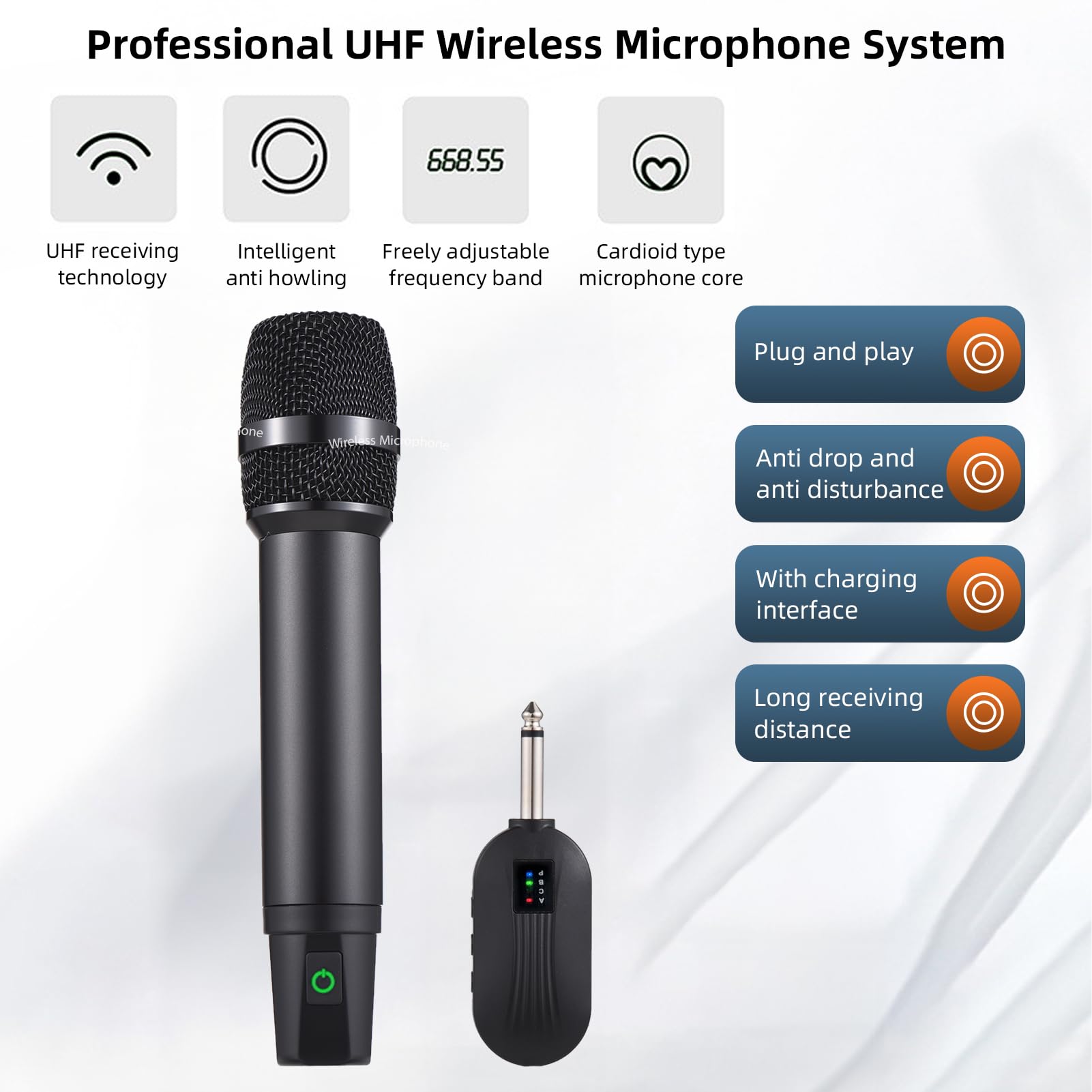 HUIOP Sistema microfonico wireless UHF professionale con microfono portatile cordless e ricevitore Microfono ricaricabile 16 canali per trasmissione video in diretta Intervista Festa di canto,Sistema