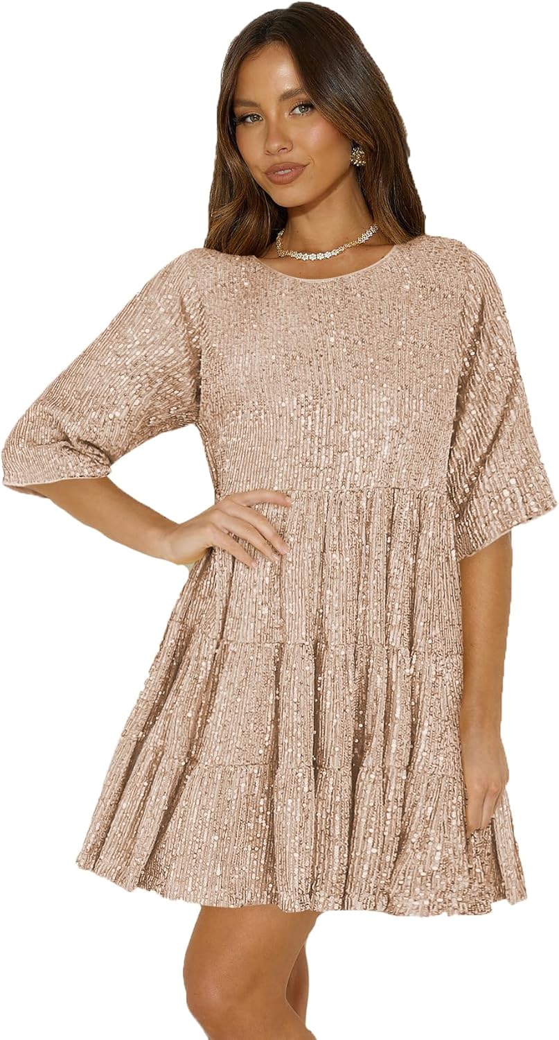 Women's Summer Sequin Babydoll Dress Short Flowy Tiered Tunic Sparkle Glitter Dresses Party Club - Image 2