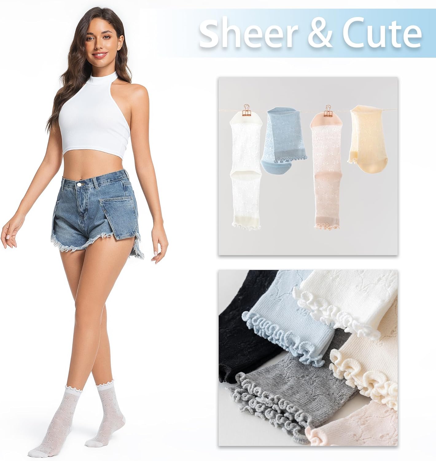 Women's Ruffle Socks,Cute sheer Thin Cotton Sock, Friily Cuff,Cool Lace Elegant Socks,Girl's Sock 6 Pack (Size5-9) - Image 4