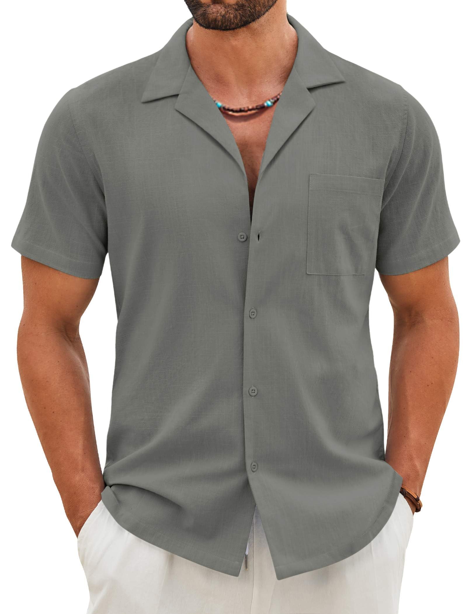 COOFANDY Mens Cotton Linen Shirt Casual Button Down Short Sleeve Shirts Summer Cuban Vacation Beach Shirts with Pocket