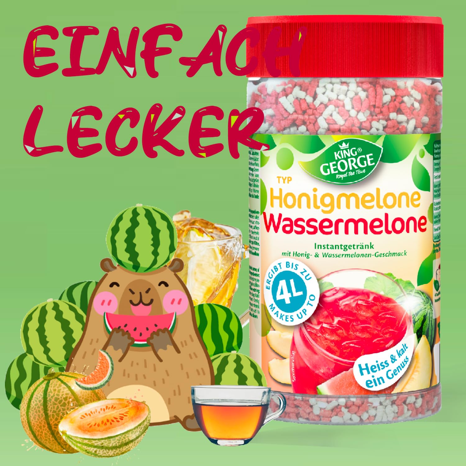 KING GEORGE Bebida instantánea de té de melón, sandía, 6 x 400 g, bebida instantánea, caliente y fría un placer, paquete de almacenamiento de té de migas, bebida para verano, cumpleaños, fiesta