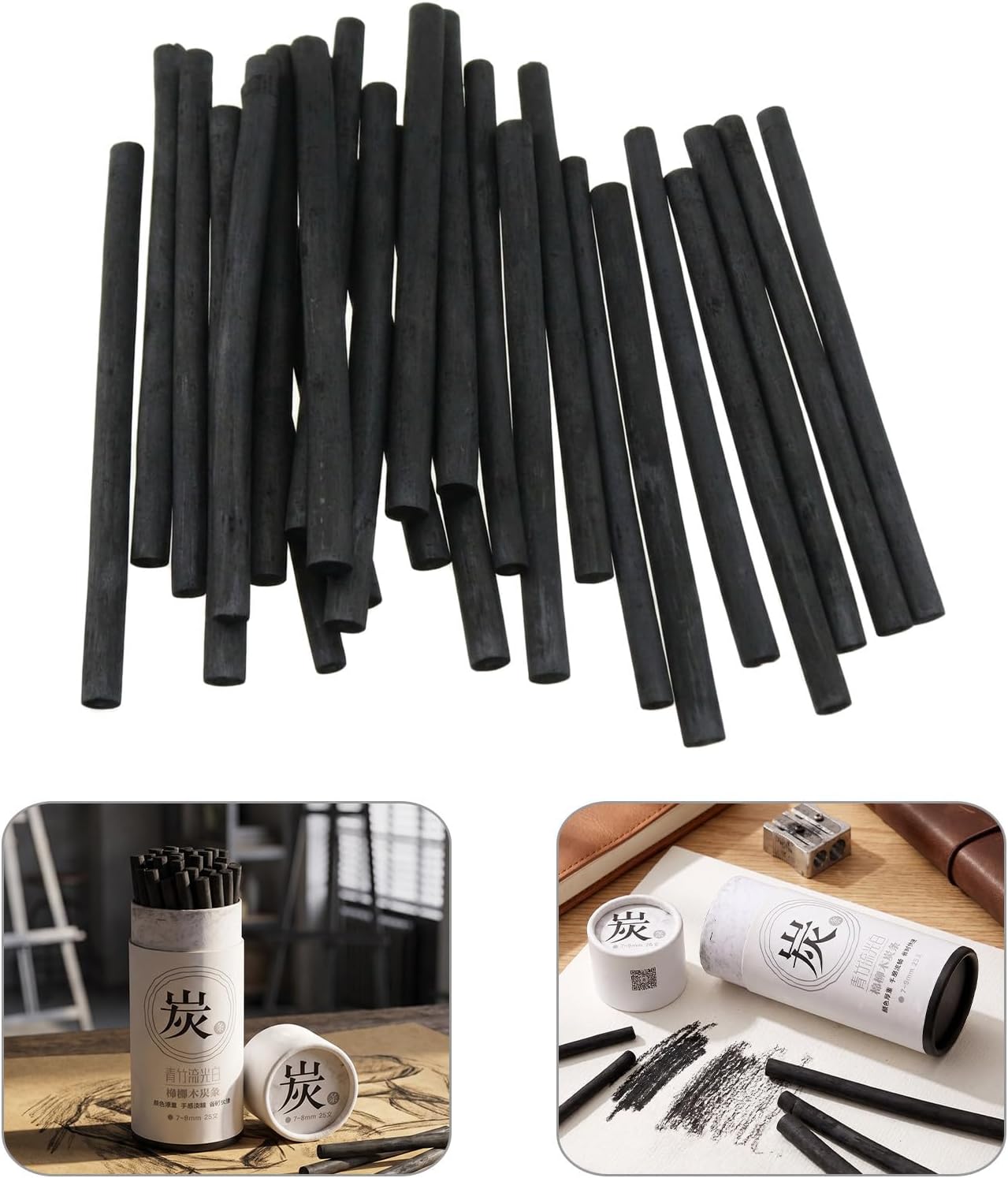 GANAZONO 50pcs Willow Charcoal Sticks, 7-9mm Black Drawing Supplies