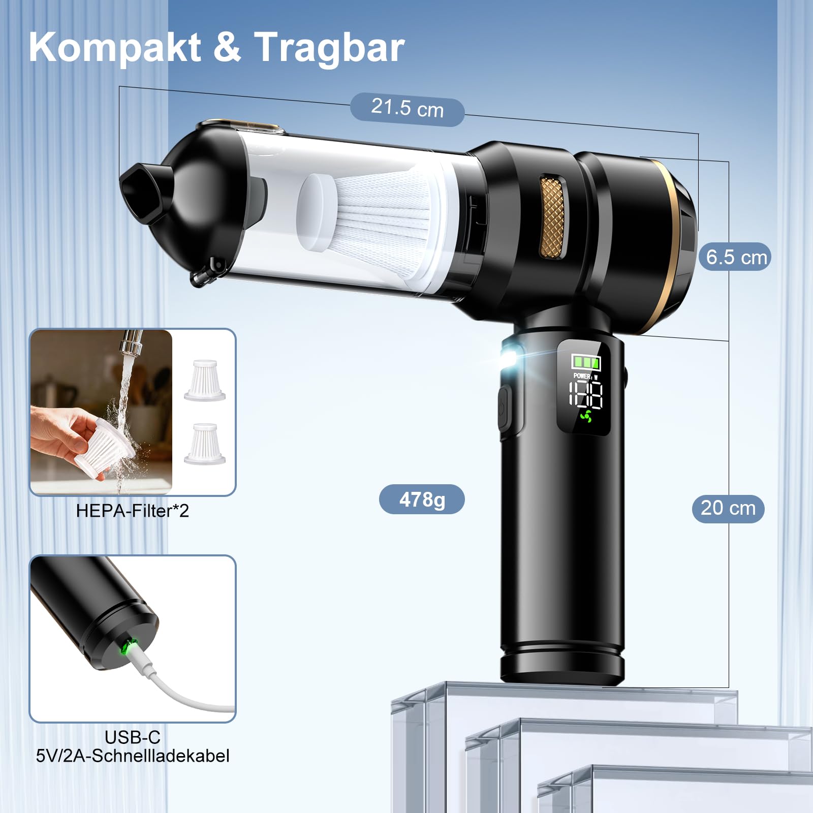 Handstaubsauger Akku 4-in-1, 32000Pa Auto Staubsauger Stark, Handstaubsauger Auto, LCD Display Autostaubsauger, Bürstenlosem Motor, 3-Gang 300000 U/min Staubsauger für Auto/Büro/Tierhaare