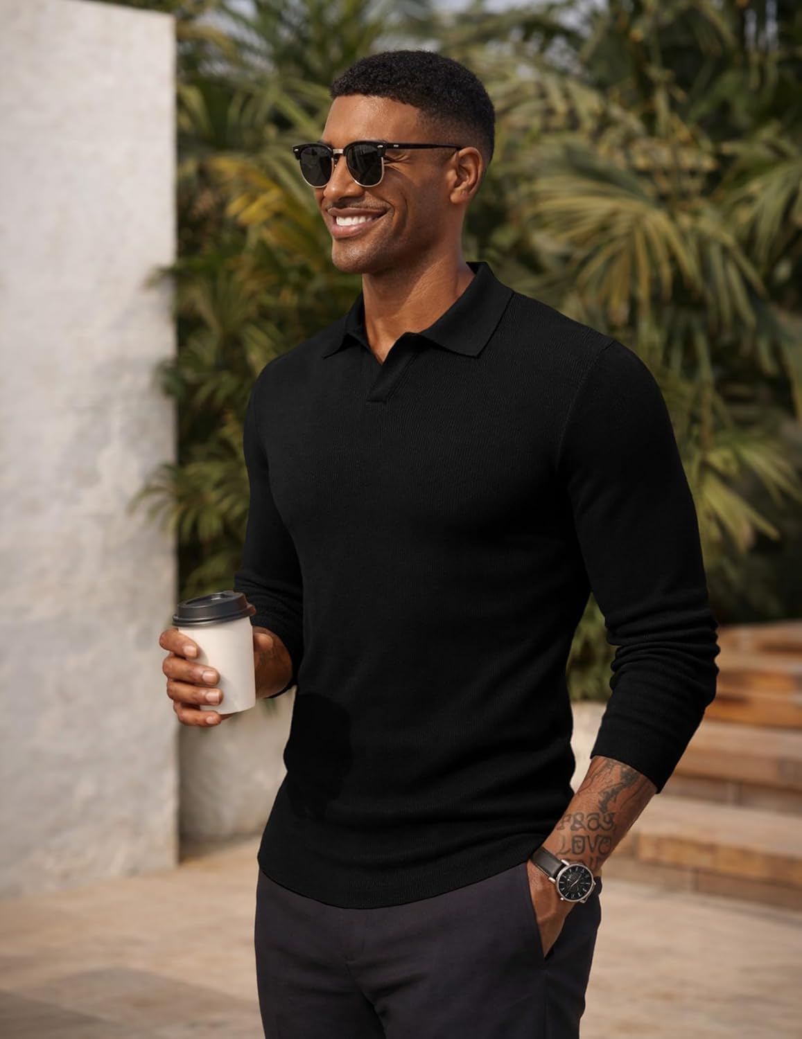 JMIERR Men's Casual Polo Shirt Muscle Slim Fit Long Sleeve V Neck Stretch Dress Golf Shirts