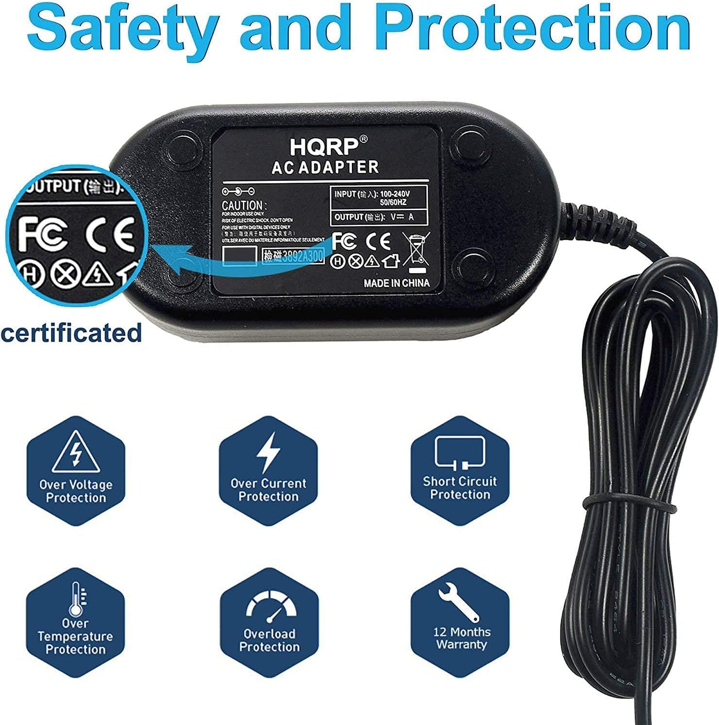 HQRP AC Power Adapter with safety features highlighted, including overload, over temperature, short circuit, low interference, and over voltagprotecció.