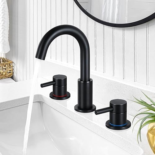 FGKQ Grifo de baño negro para fregadero de 3 agujeros, grifo de lavabo de baño con drenaje desplegable, grifo de tocador de 8 pulgadas, 3 agujeros,