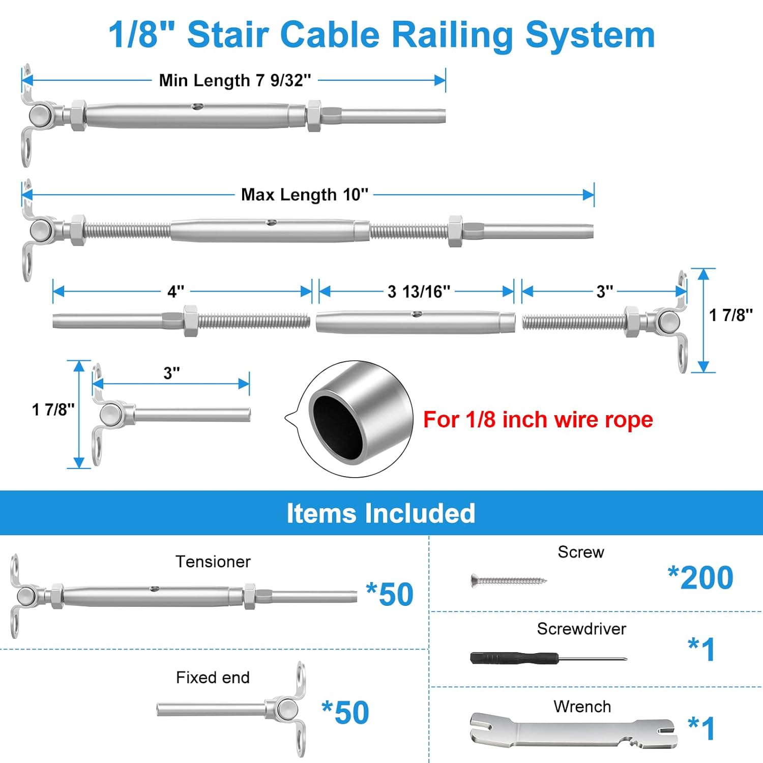 50 Pair 1/8" Adjustable Angle Stair Cable Railing Kits, Swage Toggle Turnbuckle Hardware for 2"x2", 4"x4" Wood Posts, Stainless Steel Wire Railing Kits, Deck Stair Railing System, RGW01