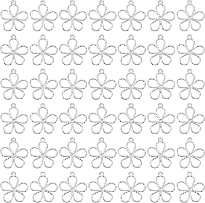 50 Pcs Hollow Bezels for Resin Jewelry Making, Hollow Flower Charms, Alloy Open Back Bezel Pendants, Silver Floral Charms Bulks for Resin Jewelry Making Earrings Necklace Bracelet DIY Bright Silver