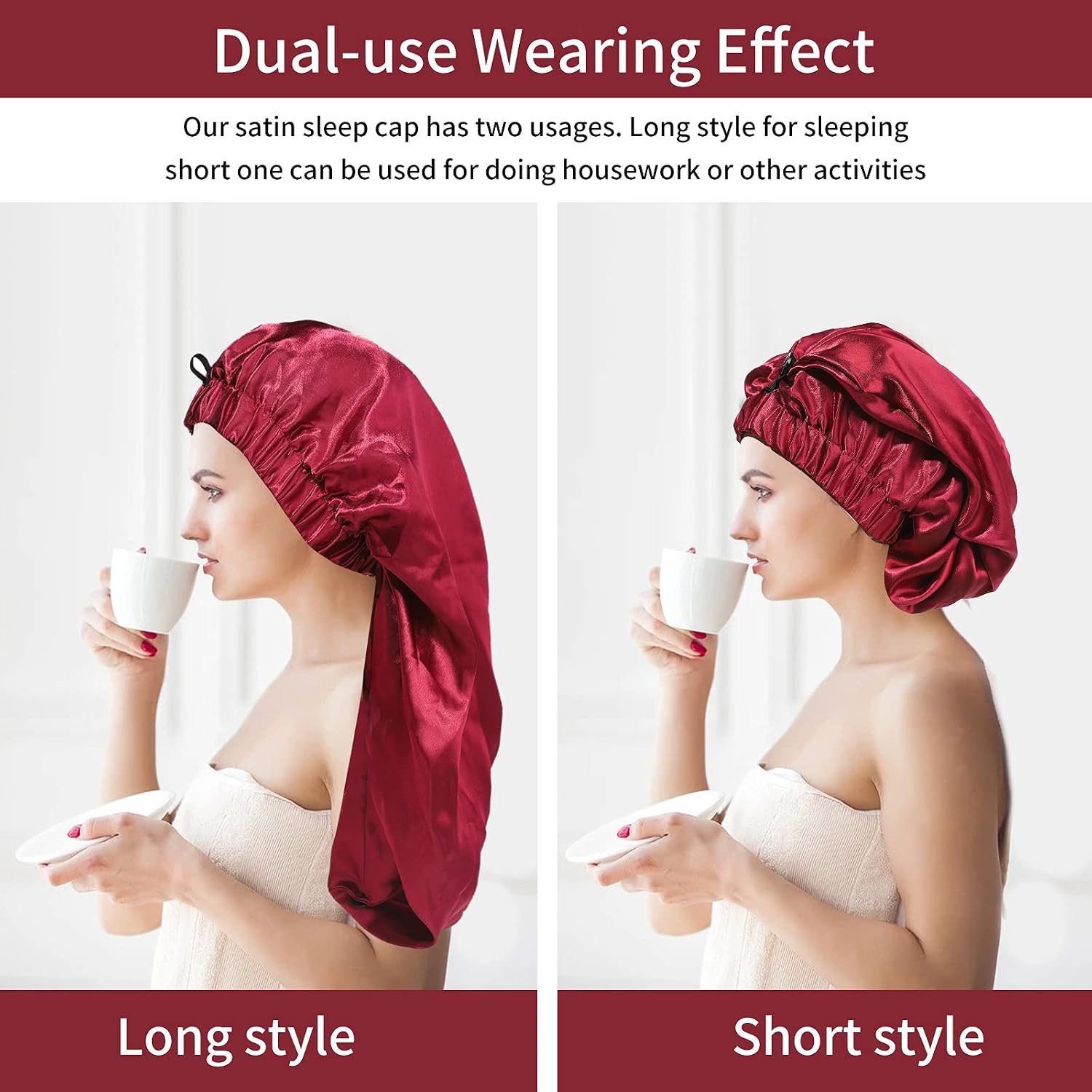 2PCS Satin Hair Braid Bonnet,Foldable Extra Long Bonnet for Braids with Button,Single Layer Sleep Cap,Soft Hair Sleeping Bonnet Cap for Black Women,Large Hair Loose Cap for Dreadlocks(Black+Wine Red)