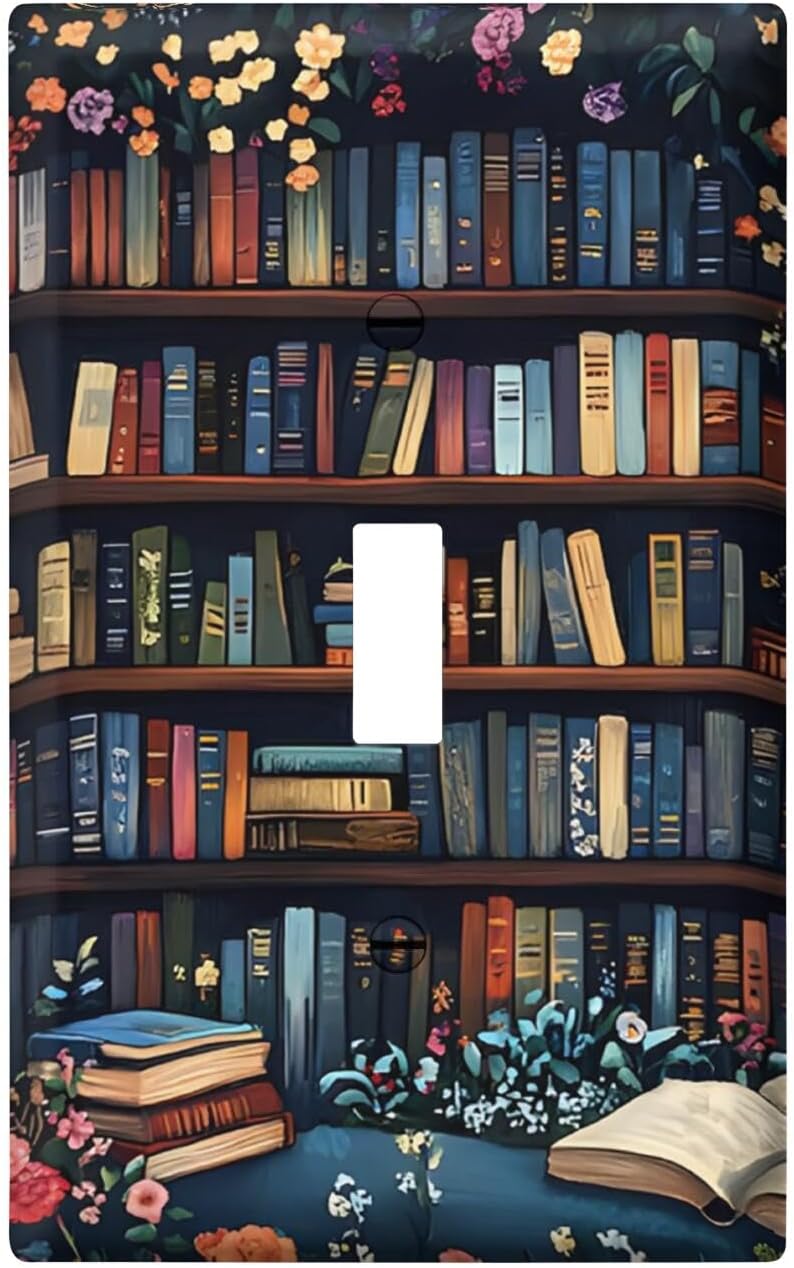 Vintage Printed Bookshelf Library Books Light Switch Covers Decorative Single Toggle Electrical Outlet Covers Home Decor 1 Gang Wall Plate Covers for Bedroom Bathroom Decor