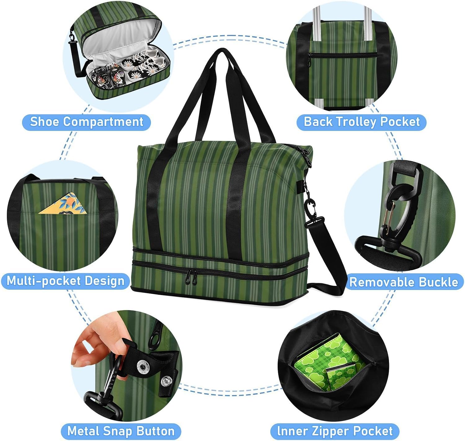 Gray-green Stripe Sports Tote Gym Bag Overnight Bag with Adjustable Strap for Hiking Foldable