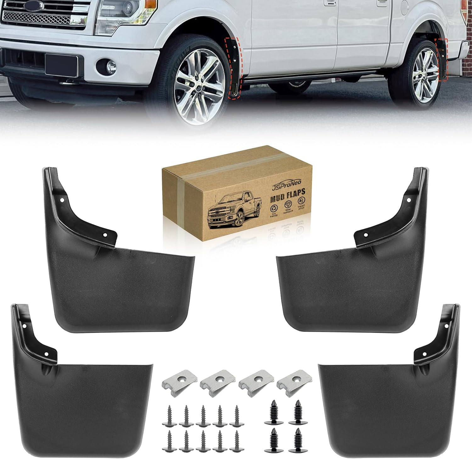 Mud Flaps for Ford F150 04-14 Without Fender Flares (Not Compatible with Ford Raptor), Wheel Splash Guards Mud Guards Exteriores Body Kit, Front & Rear 4pcs 4L3Z-16A550-CAA 4L3Z-16A550-HAA