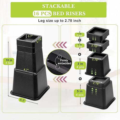 Miniatura 3 de 16 elevadores de cama de 8, 5 o 3 pulgadas, resistentes, ajustables para muebles de hasta 10 pulgadas, 8 alturas opciones de 3, 4, 5, 6, 7, 8, 9 o