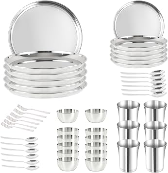 48 Pieces Dinner Set, Stainless Steel Dinnerware Set, Service for 6 Full Plates, Quarter Dishes, Bowls, Tumblers Metal Reusable set for Home, Kitchen, Camping, Dishwasher Safe