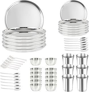 48 Pieces Dinner Set, Stainless Steel Dinnerware Set for 6 (Full Plates, Quarter Dishes, Bowls, Tumblers, Forks & Spoons) Metal Reusable set for Home, Kitchen, Camping, Dishwasher Safe