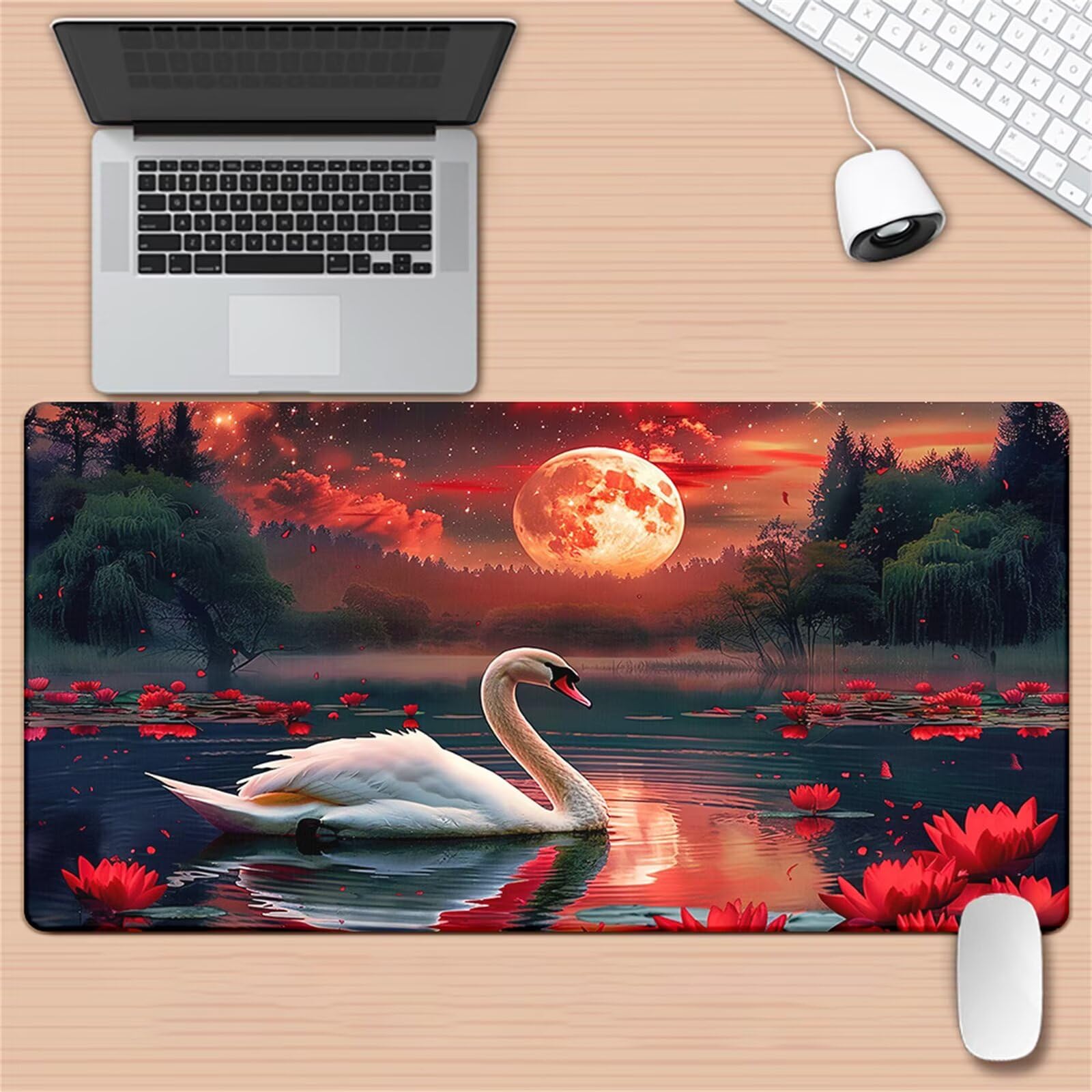 Tappetino Mouse da Gioco 1200x600x2mm, Fiore Loto Lunare Mouse Pad XXL ad Alta Precisione e Velocità, Base in Gomma Antiscivolo Ultra-Grip, Tappetino per Scrivania Tastiera e PC