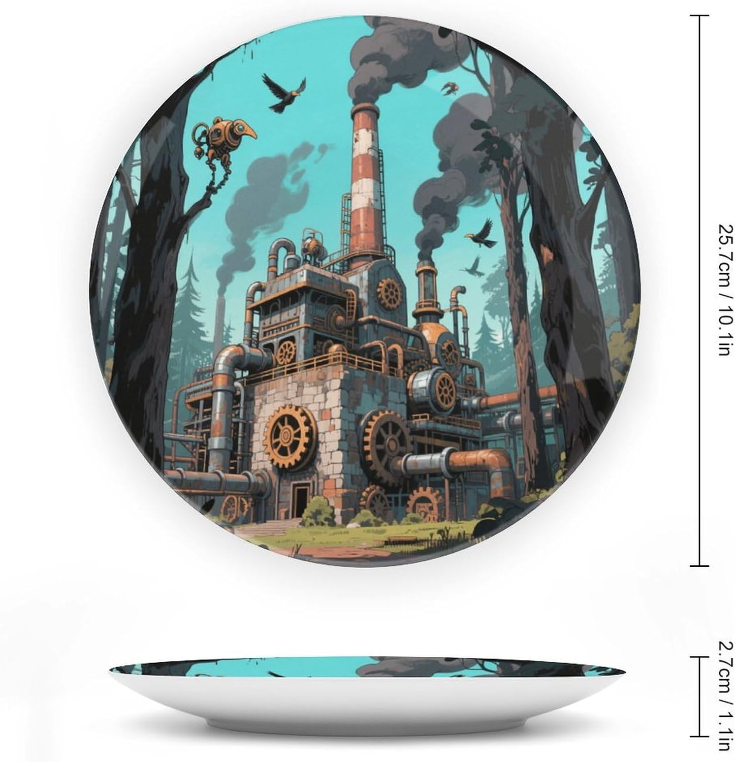 Bone China Decorative Plates Steampunk Forest Factory Ceramic Decorative Plate Wall Decor with Display Stand Ceramic Ornaments for Wall Hanging Decoration