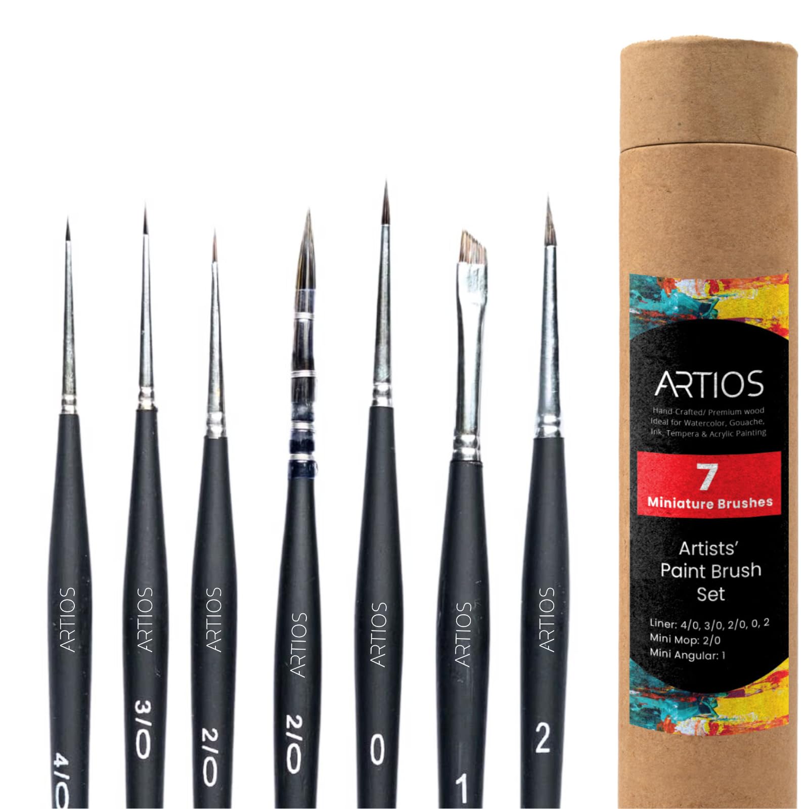 ARTIOS Miniature Paintbrush Set for Detailing - 7 Fine Tip Brushes with Premium Synthetic Hair and Brush Tube for Watercolor, Acrylic, Gouache Painting