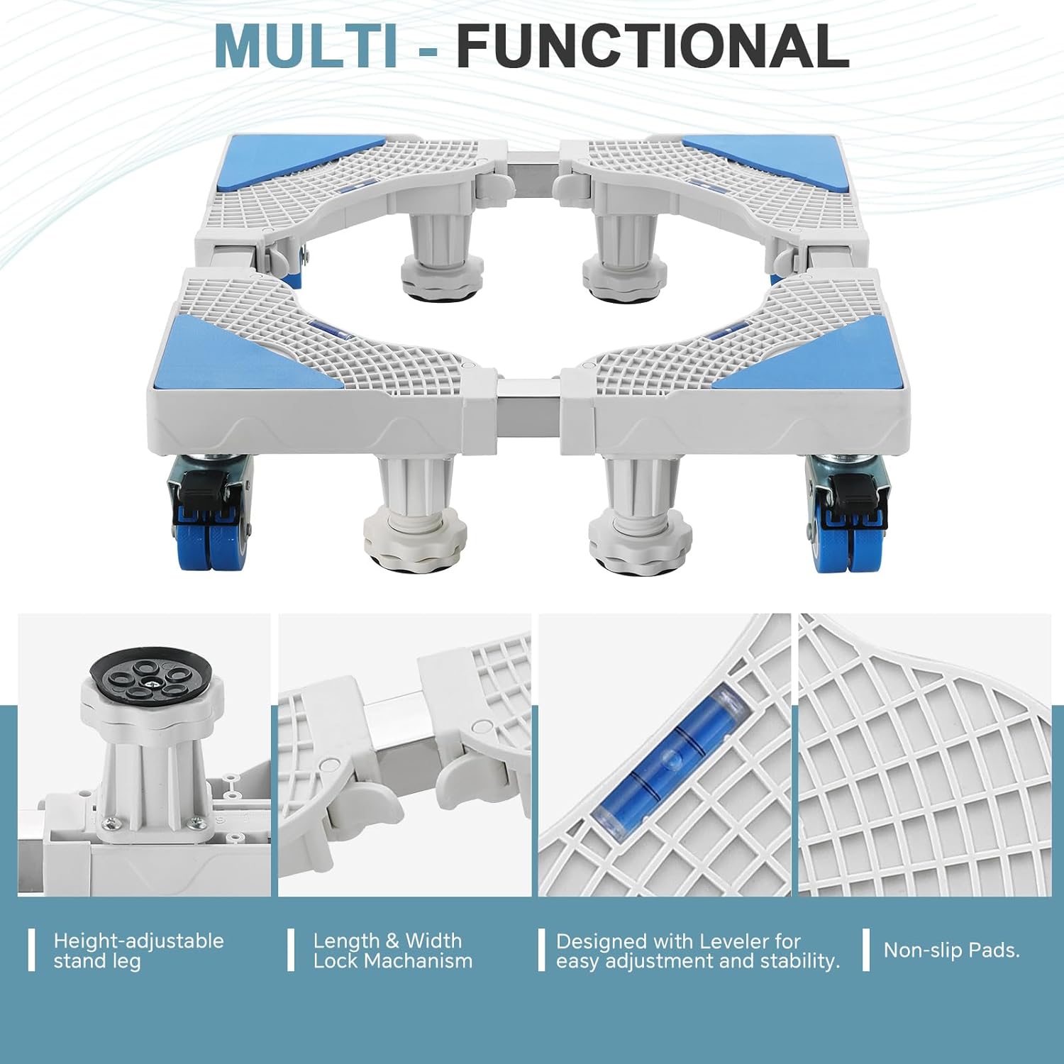 MAOPINER Multi-functional Washing Machine Stand Adjustable Base Mobile Roller with 4×2 Locking Rubber Swivel Wheels and 4 Strong Feet for Washing Machine, Dryer and Refrigerator 8 Wheels (White)