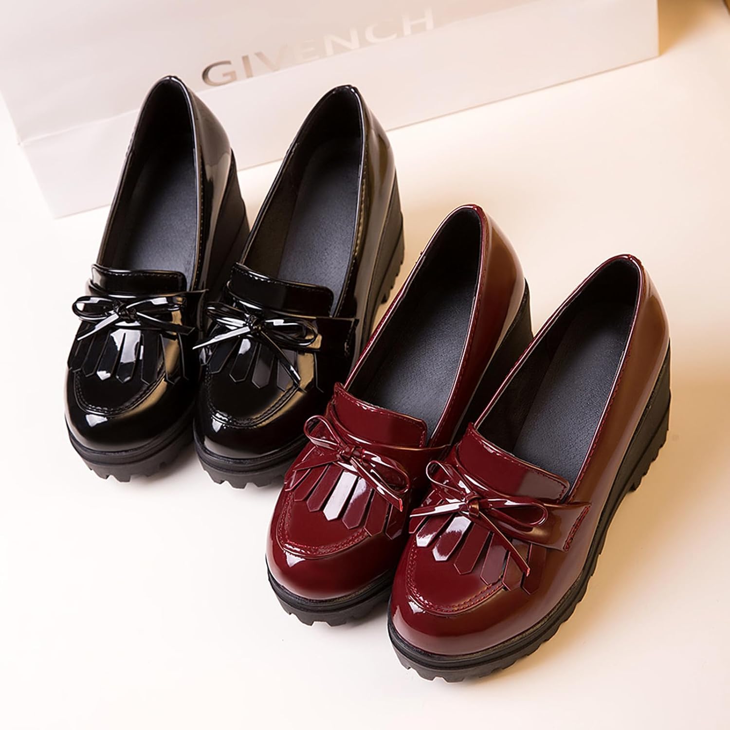 LDGNGMEI Women's Patent Leather Bow Platform Wedges Pumps,Comfortable Round Toe Slip On Lug Sole Uniform Dress Shoes,for Business Casual Loafers