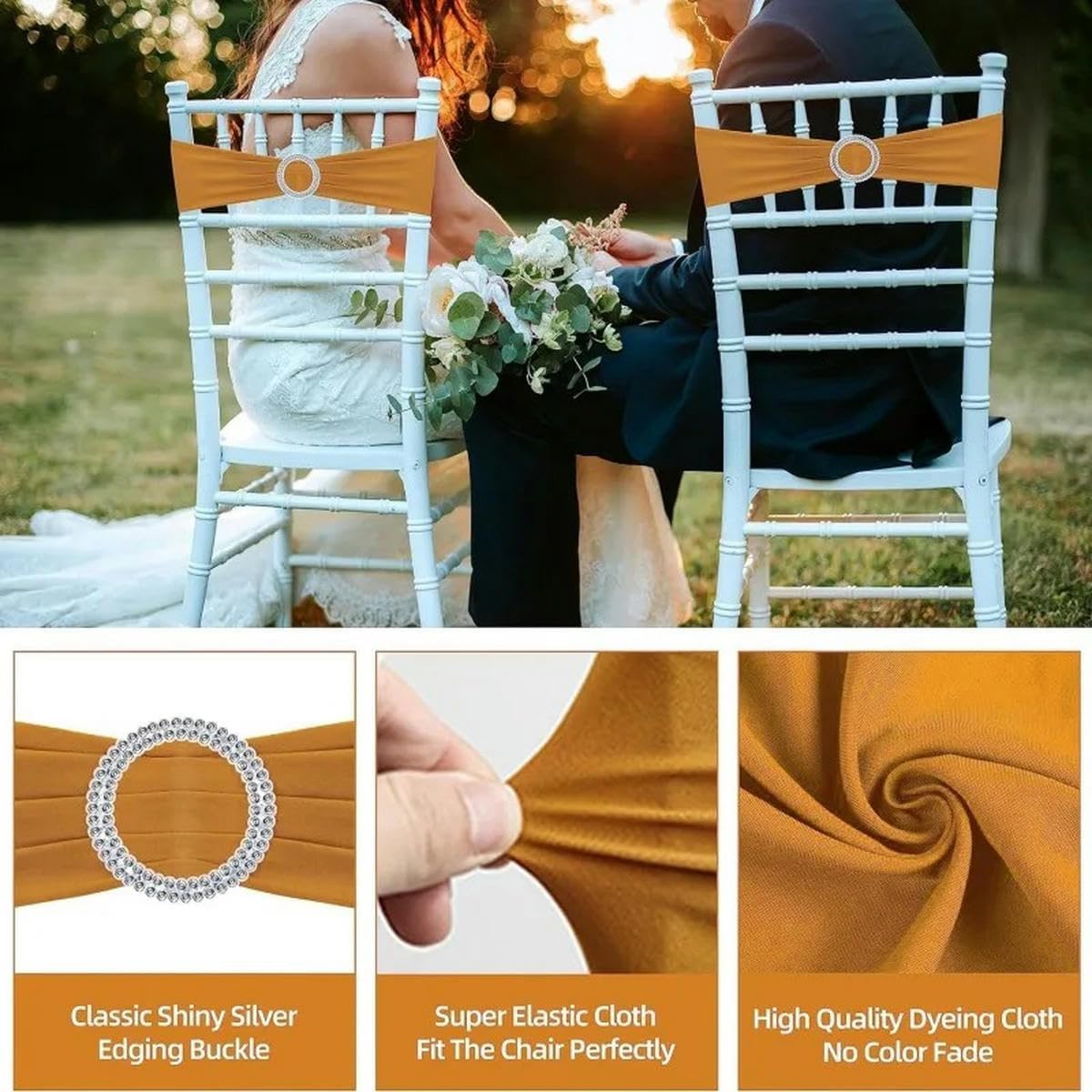 Spandex Chair Sashes Premium Stretch Cover Band with Buckle Elastic Ties for Party Ceremony Decor-beige-100pcs (Light Blue 50pcs)