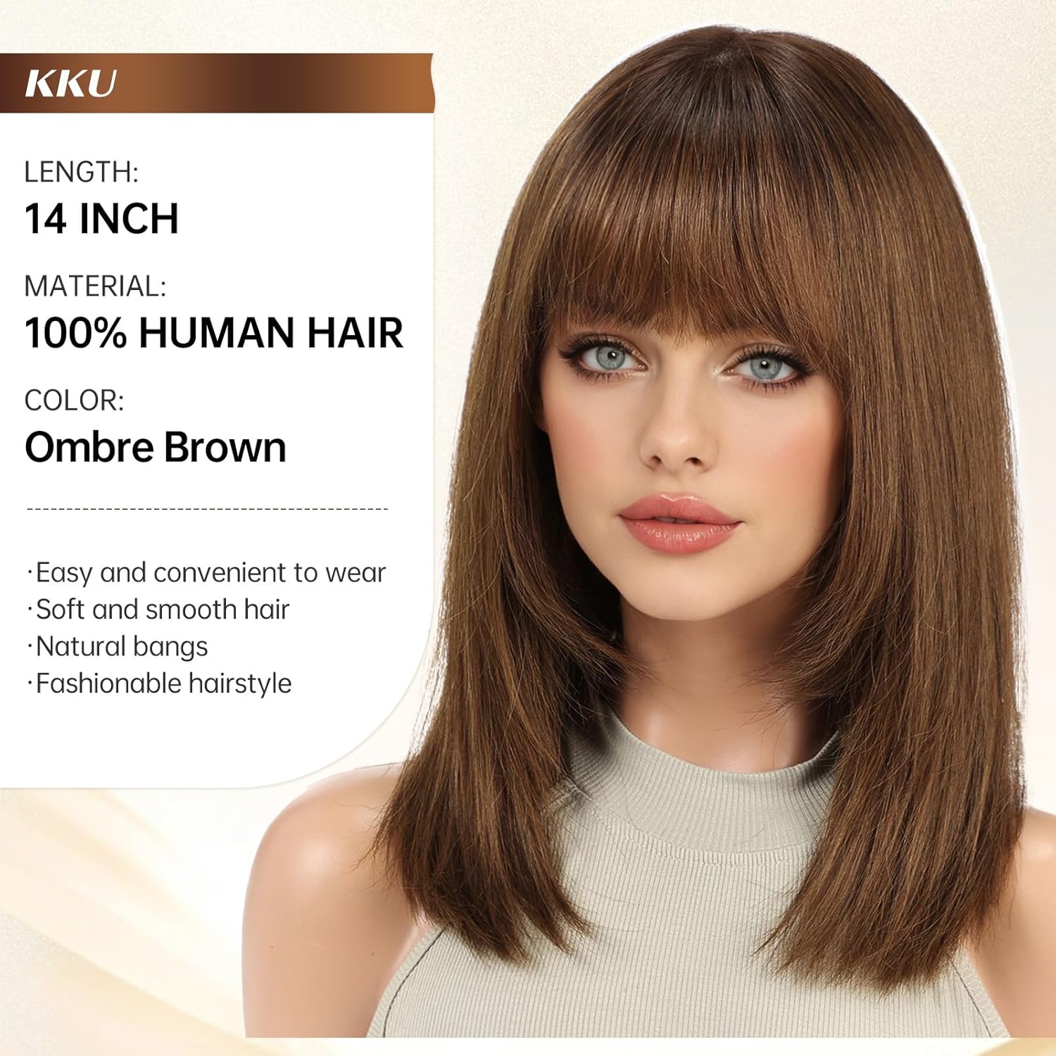 KKU 14 Inch Ombre Brown Layered Straight Human Hair Wig with Bangs, Human Hair Wigs for Women, Wear Natural Realism for Daily Use