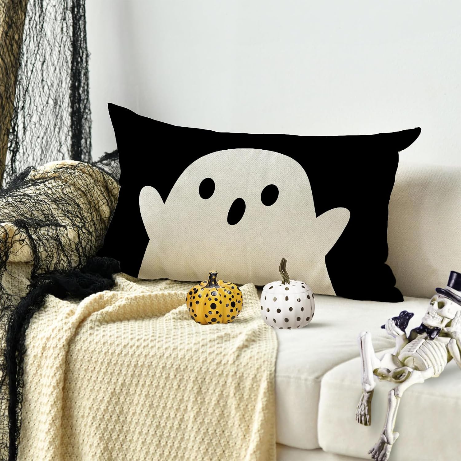 Halloween Pillow Cover 16x24 Inch Cute Ghost Black and White Outdoor Pillow Cases Holiday Cushion Covers for Sofa Couch Bed Car Home Decor image 2