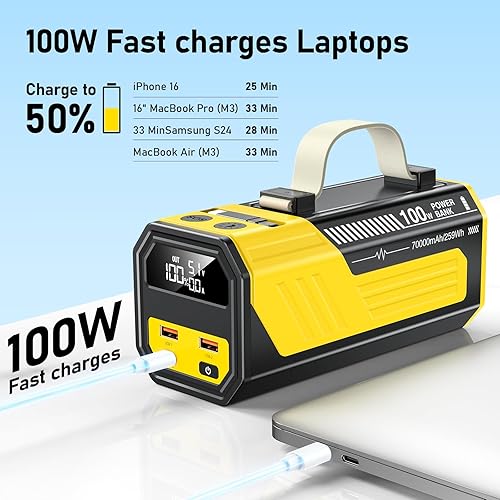Miniatura 3 de Cargador portátil de 70.000 mAh con puertos USB-C de 100 W, cables integrados y retráctiles, entrada de 100 W, carga rápida para MacBook