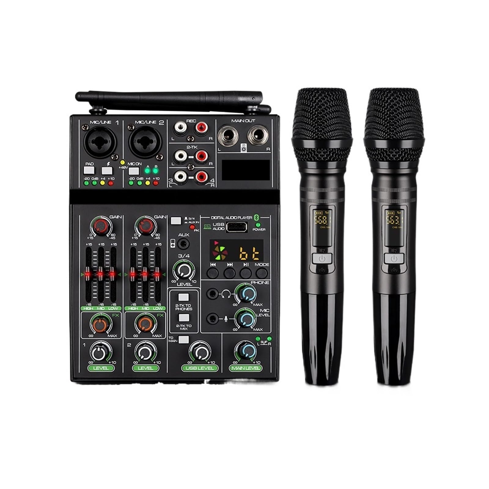 Kontrolery DJ-skie, 4-kanałowy mikser, mikser USB, konsola Bluetooth z bezprzewodowym mikrofonem, mikser DJ-ski do urządzenia imprezowego, soundbar