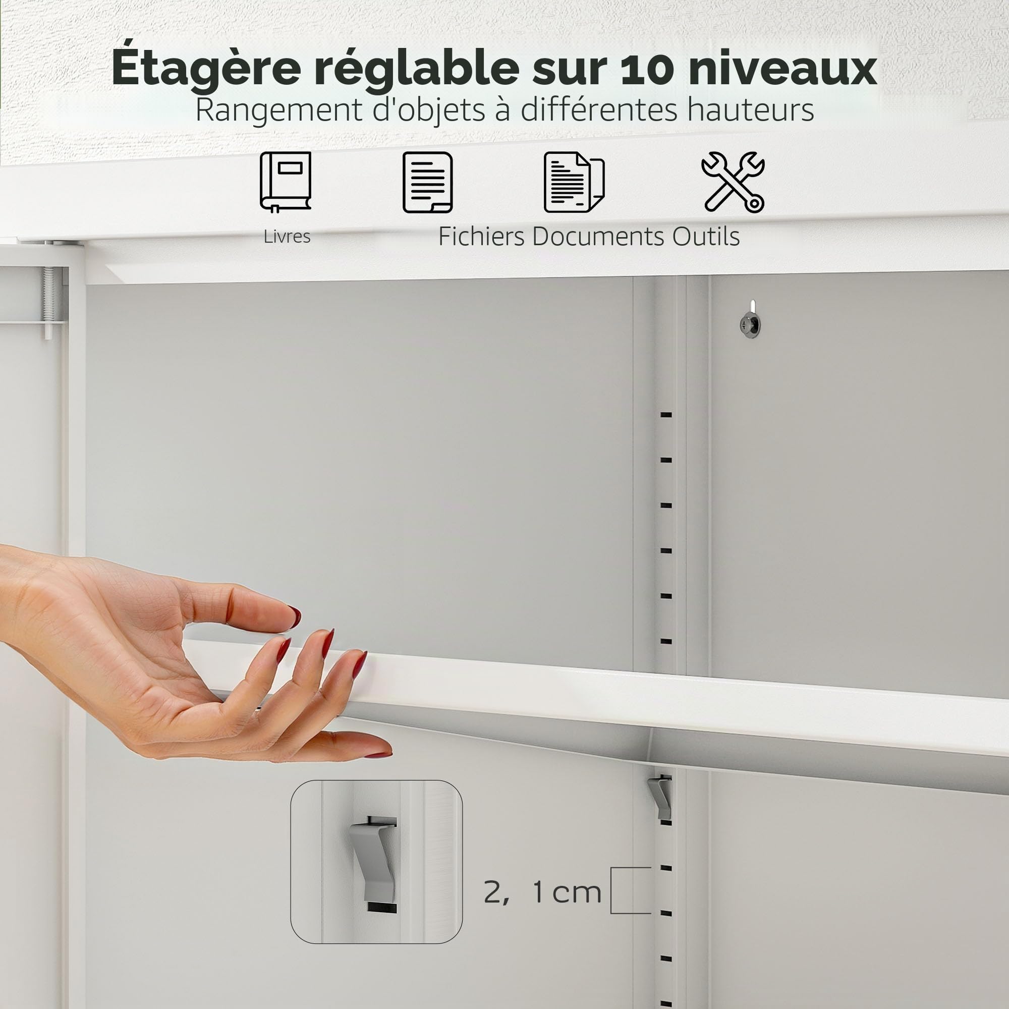 HOMCOM Armoire de rangement verrouillable en acier avec tiroir, 2 portes, étagères réglables, armoire de rangement, polyvalente, blanche