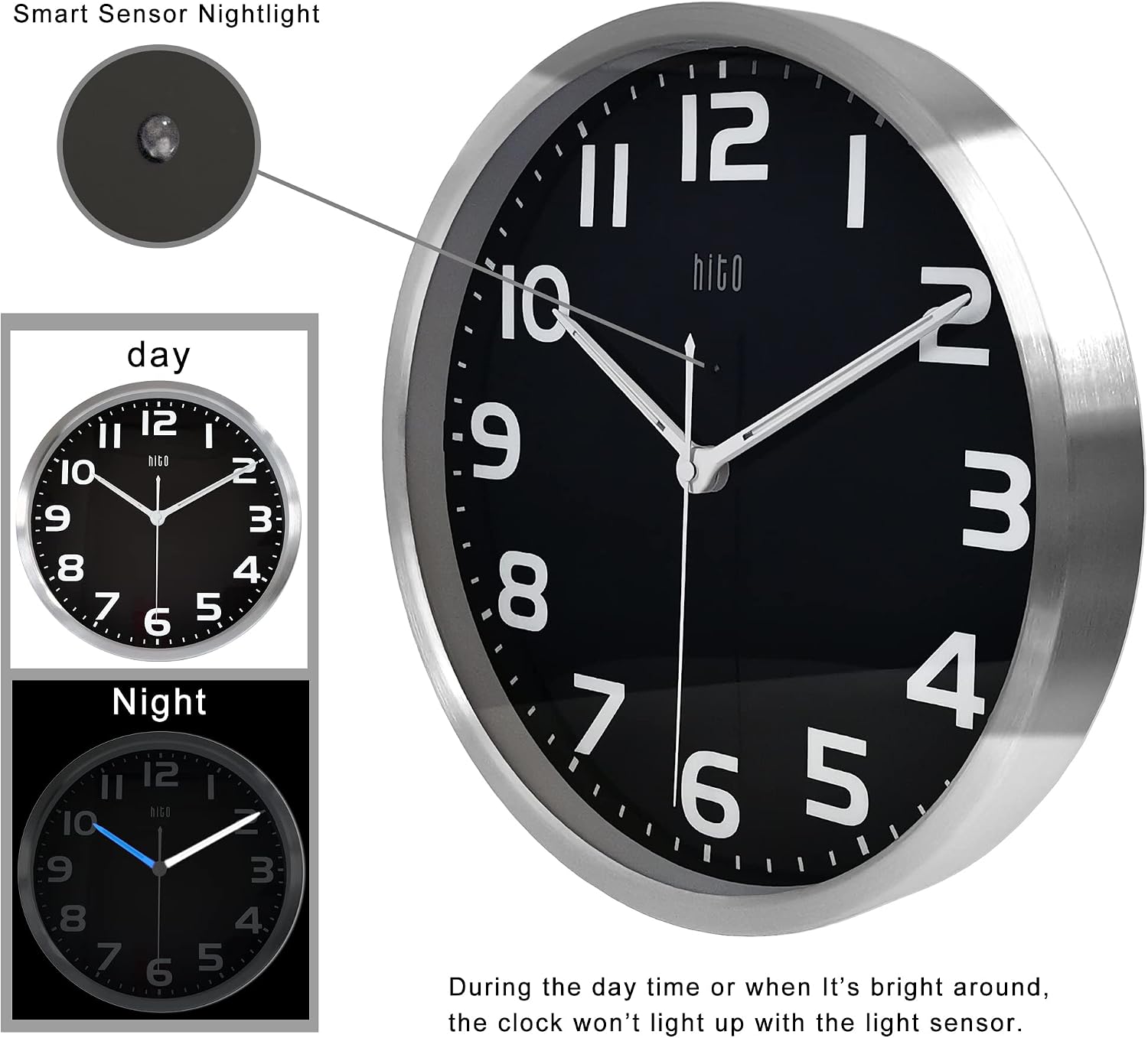 HITO 12” Night Light Wall Clock Glow in The Dark for Bedroom Silent Wall Clock Battery Operated for Living Room Kitchen Decor, Brightness Adjustable, Metal Frame, Glass Cover (Hands Illuminate)
