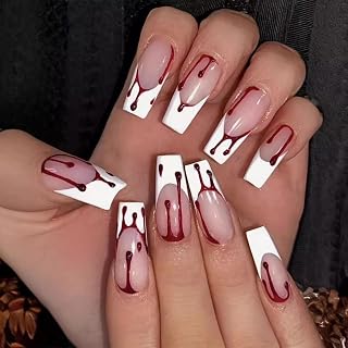 Halloween Press on Nails Blood Fake Nails Medium Coffin False Nail with Design Nude Glue on Nails Glossy Artificial Acrylic Full Cover White French Tip Stick on Nail for Women Manicure 24Pcs