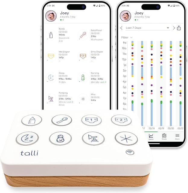 Moniteur de bébé Talli Daily - Enregistre les repas, les couches, le sommeil et plus avec 1 touche, appareil lié à l'application Talli pour un suivi en temps réel et le partage de données avec la famille, les soignants et les médecins, compatible avec Alexa