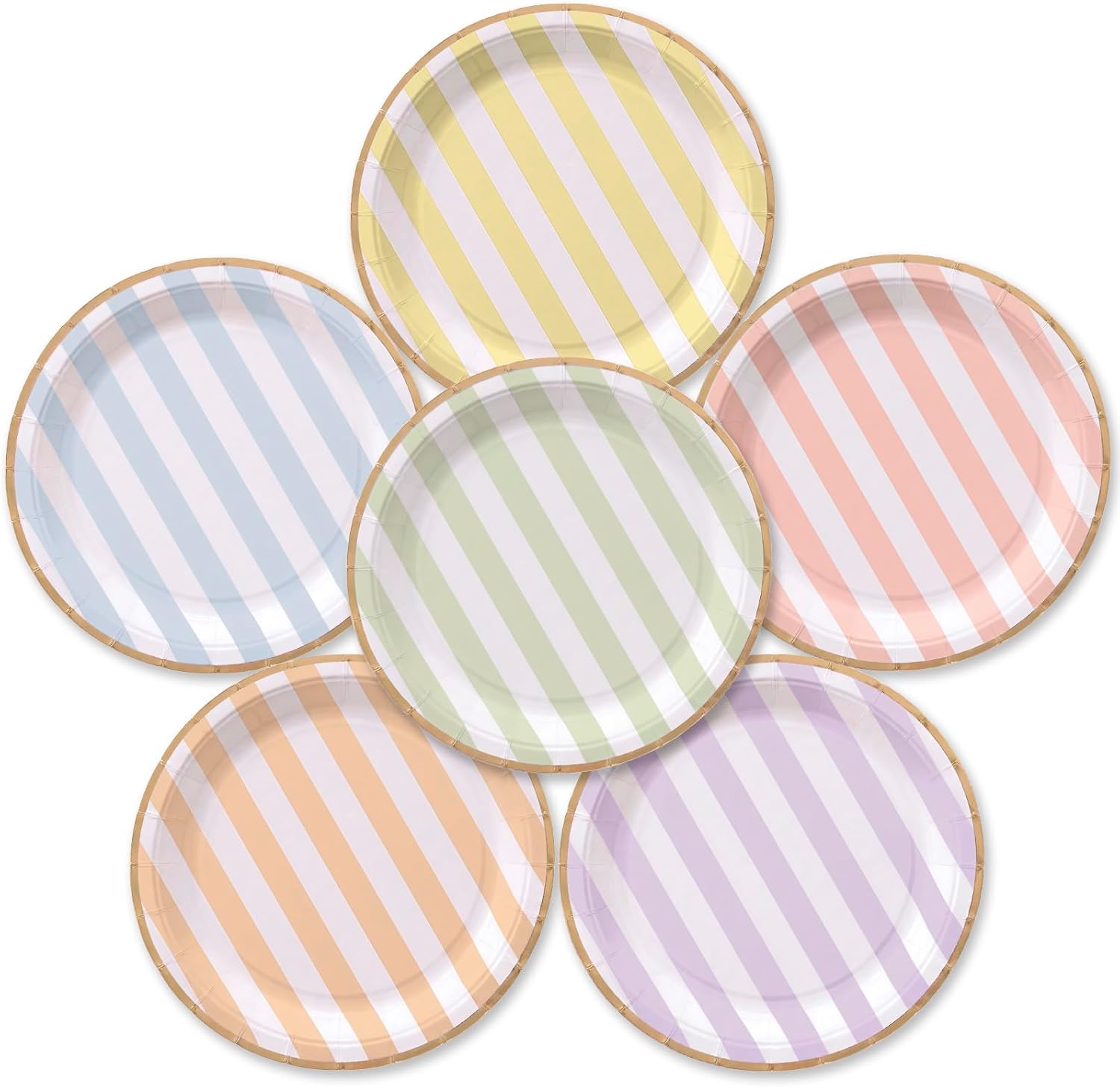 Party Paper Plates, 50-Pack 9-Inch Bulk Disposable Decorative Paper Plates with Gold Trim, 6 Assorted Colors for Tea Party, Easter, Garden Party, and Bridal Showers, Gilded Pastel Stripeworks