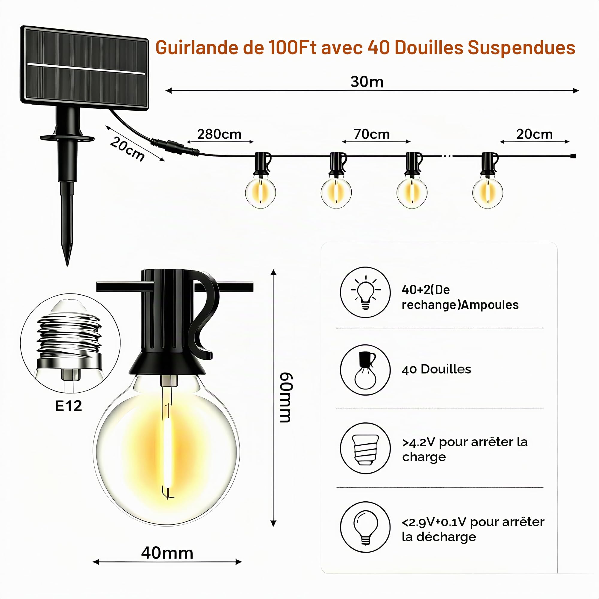 GPATIO Guirlande Lumineuse Exterieure Solaire 30M avec 42 G40 LED Ampoules. | Guirlande Exterieur Solaire avec Télécommande, Imperméable, Incassable, 3 Modes, Fonction Minuterie, Charge solaire + USB.