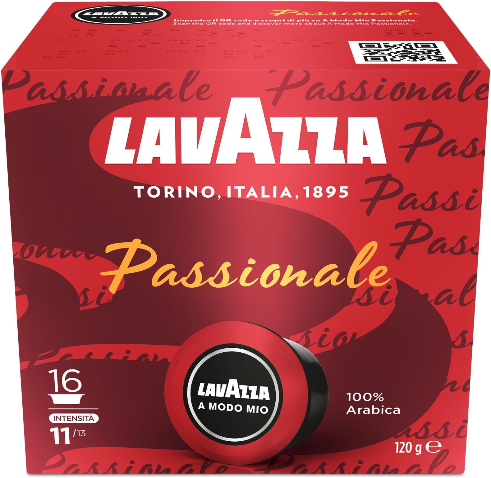 Lavazza, A Modo Mio Espresso Passionale, 16 coffee capsules, with caramel and chocolate notes, 100% arabica, intensity 11/13, dark roast, 1 pack of 16 Lavazza capsules