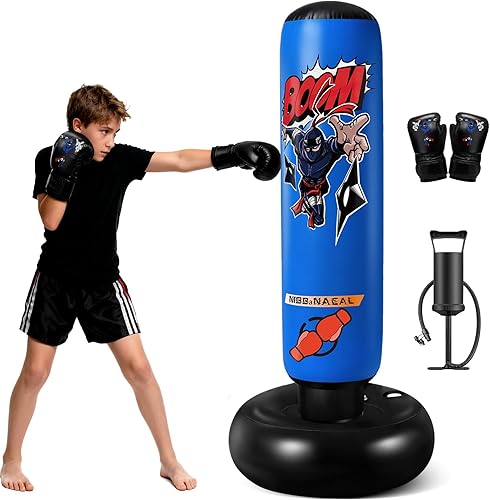 Saco de boxeo para niños 8-12, saco de boxeo ninja inflable de 63 pulgadas con guantes, regalos de sacos de boxeo para niños y niñas, juego de boxeo