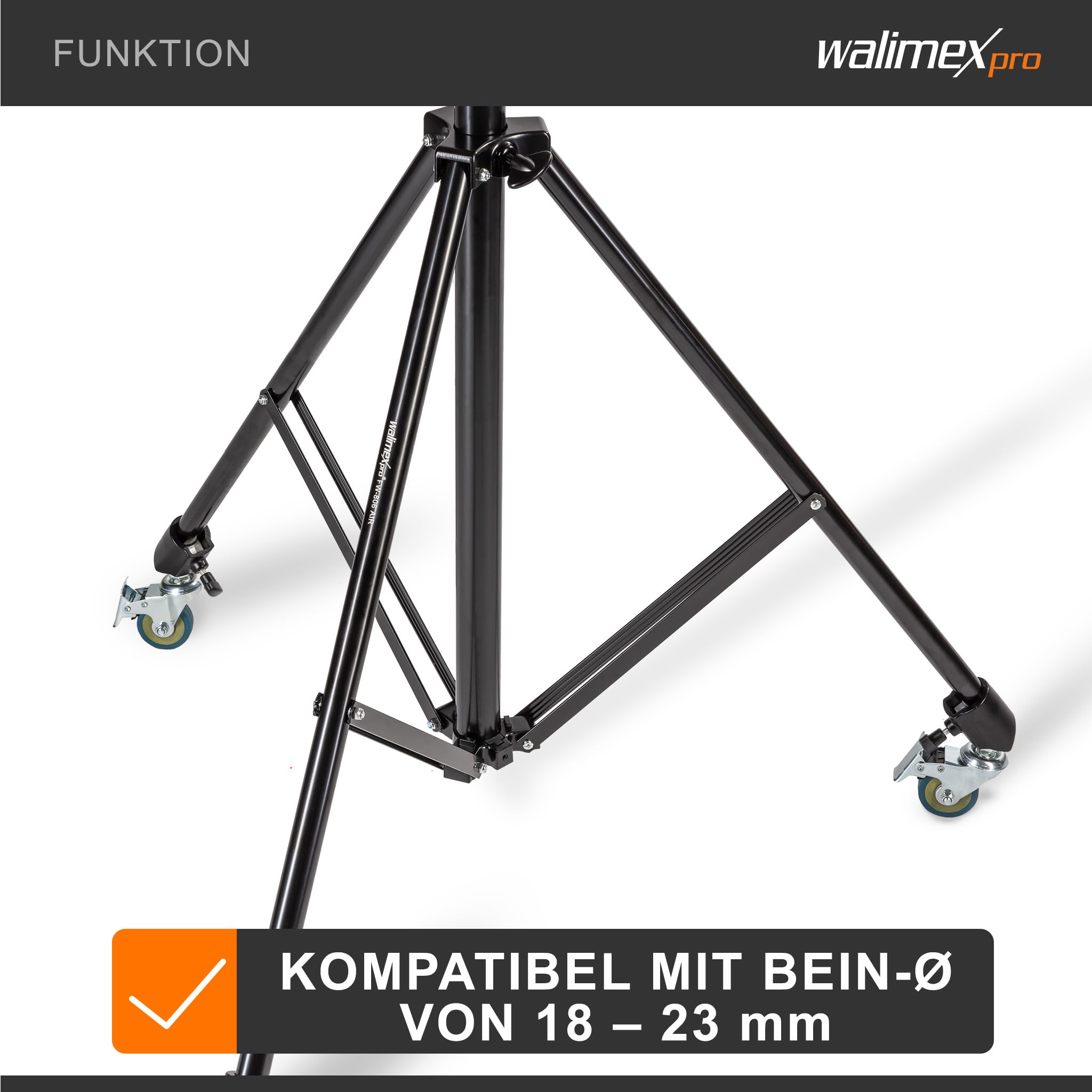 Walimex pro Stativrollen Pro 3er-Set - Stativrollen Lenkrollen Set - Vollmetall, Ø 50 mm - Gummi Lauffläche und Bremse - für Stativbeine Ø 18-23mm - für Licht Lampen und Videostativ, Schwarz