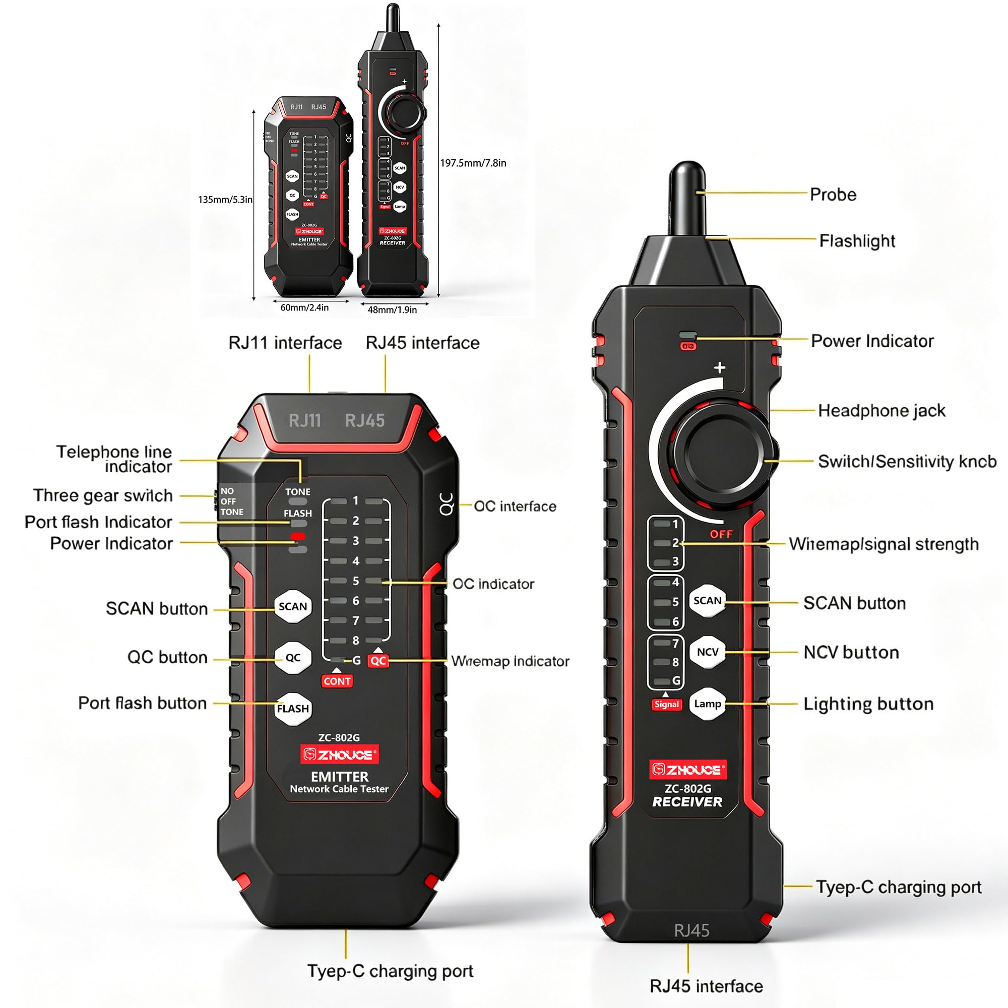 NOYAFA Probador de cable de red NF-8209 Probador de Ethernet con PoE NCV Multi-Función Line Tracker LAN CAT5 CAT6 Tracker Pantalla LCD Medir Longitud Wiremap Tester