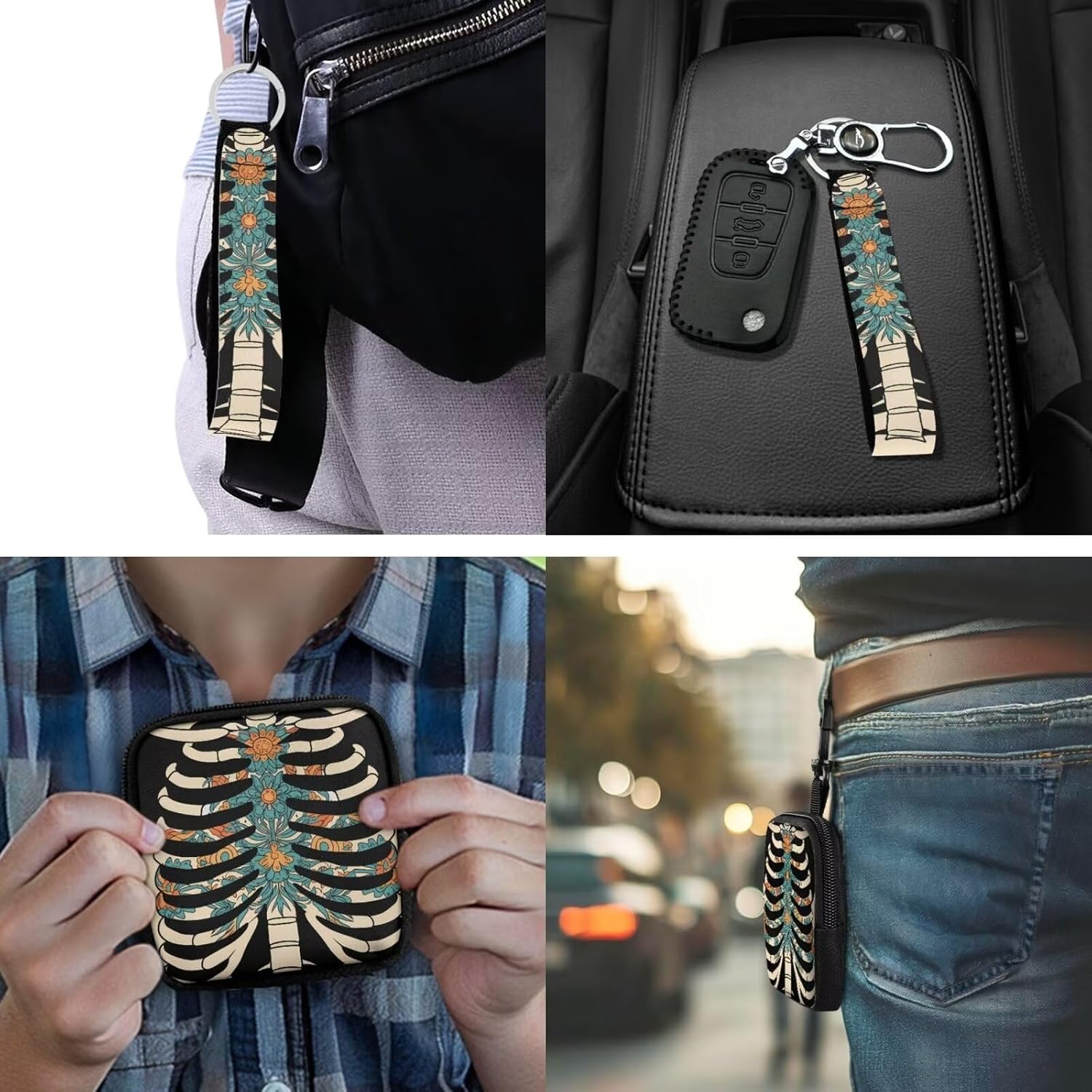Folk Skeleton Mini Pouch Bags with Keychain Zip Around Coin Pocket, Boho Ethnic Skeleton Print Small Organizer Pouch Coin Purse Credit Card Holder Waist Pack