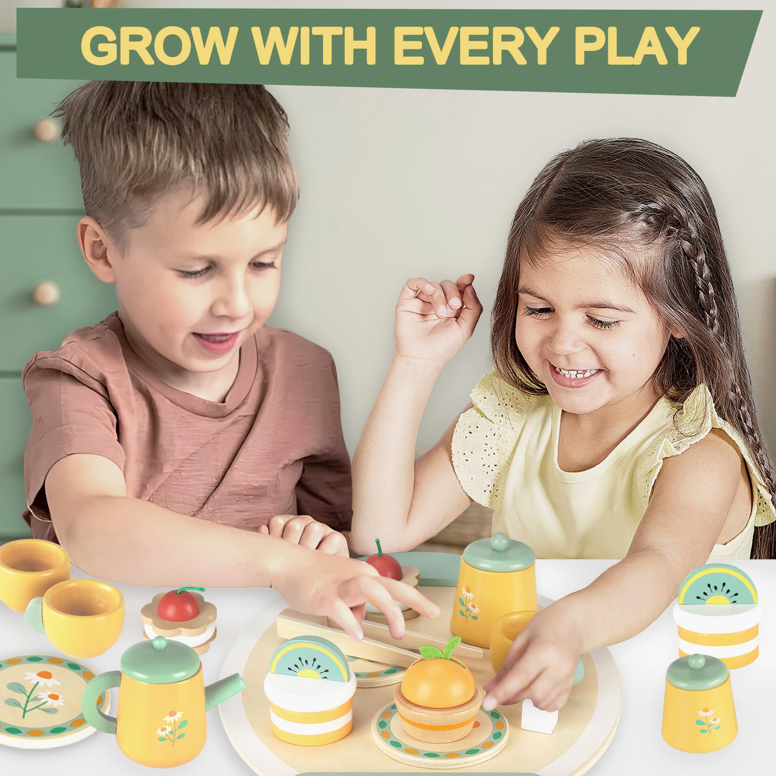 UCAMP Set da Tè in Legno per Bambini - 23pcs Accessori Cucina Giocattolo con Accessori - Regalo per Bambine 3+ Anni