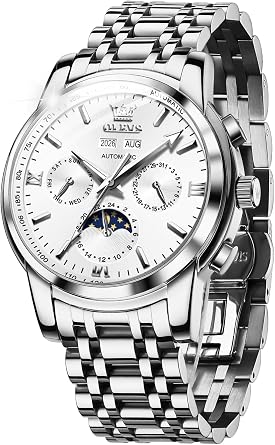 OLEVS Mens Automatic Watch Skeleton Mechanical Automatic Luxury Fashion Dress Wrist Watch Luminous Waterproof, 6633 Silver Strap & White Dial, Mechanical |
