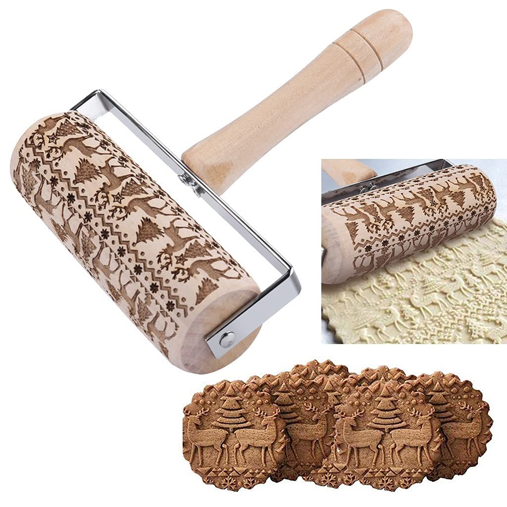 Rodillo de amasar en Relieve, Rodillo de amasar 3D de Madera en Relieve, Pernos de amasar Profesionales en Relieve con patrón de Alce navideño, para Hacer postres de Galletas