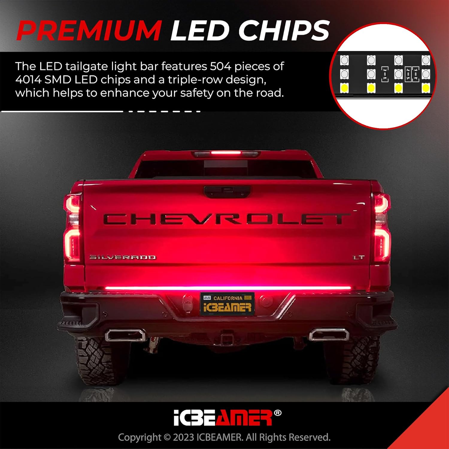ICBEAMER Triple Row 60 inch 504 pcs LED for Pick up/Truck Tailgate Light Bar Side Bed Light Strip Bar IP67 Waterproof Reverse- 6 Functions Tail/Brake/Sequential/Turn Signals/Reverse/Flashing Lights